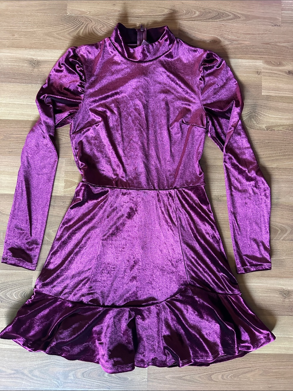 Forever 21 Velvet Long-Sleeve Ruffle Hem Dress - Burgundy